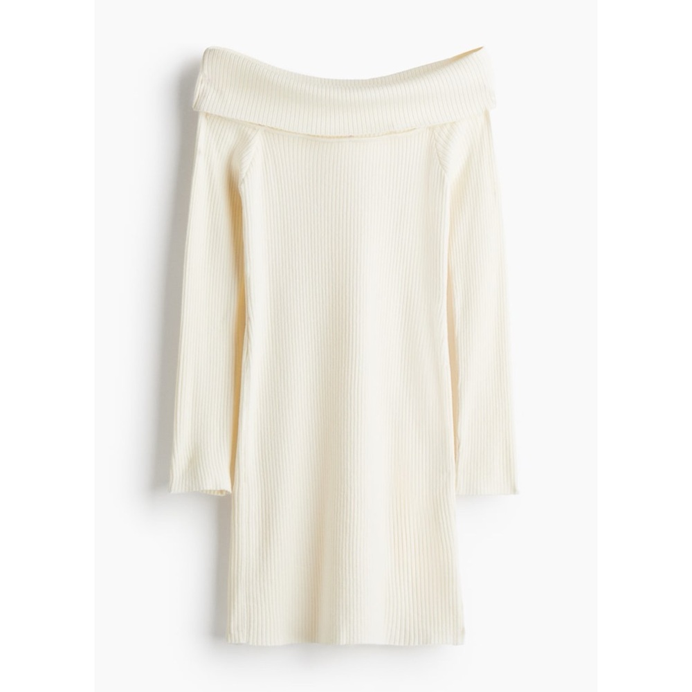 NWT H&M Rib-Knit Off-the-Shoulder Cream Ivory Mini Bodycon Sweater Dress Size L